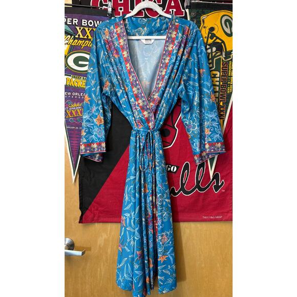VINTAGE 70s Montgomery Ward Wrap Dress Womens Blue Floral Tie Waist Boho Medium - Picture 5 of 8